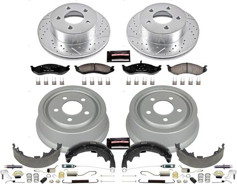 Power Stop K15215DK الأمامي والخلفي Z23 ألياف الكربون من وسادات الفرامل مع مجموعة براميل الفرامل المحفورة والمنزعة لجيب Wrangler 2001-2006 [طراز محدد] in Saudi Arabia