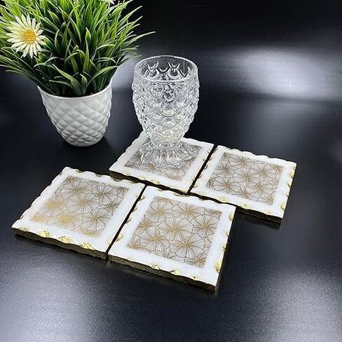 Décor Envogue Brown Marble Scalloped Coasters Set of 6 - Luxury Aesthetic Modern Drink Coasters for Coffee Table- White Scalloped Cup Coasters - Real Natural Semi Absorbent Stone Coasters in Saudi Arabia