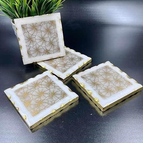 Décor Envogue Brown Marble Scalloped Coasters Set of 6 - Luxury Aesthetic Modern Drink Coasters for Coffee Table- White Scalloped Cup Coasters - Real Natural Semi Absorbent Stone Coasters in Saudi Arabia