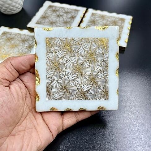 Décor Envogue Brown Marble Scalloped Coasters Set of 6 - Luxury Aesthetic Modern Drink Coasters for Coffee Table- White Scalloped Cup Coasters - Real Natural Semi Absorbent Stone Coasters in Saudi Arabia