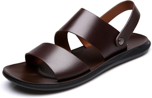 Men’s Casual Leather Slip On Flat Sandals Round Open Toe Adjustable Back Strap Lightweight Non Slip Summer Sandals for Outdoor Beach Daily in Kuwait