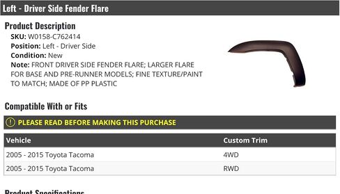 يسار Fender Fender Fender - الطلاء للمطابقة - متوافق مع 2005-2015 Toyota Tacoma 4WD RWD in Saudi Arabia