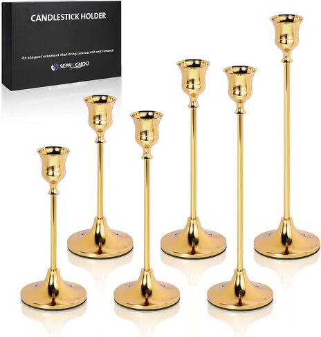 2 Sets(6 Pcs) Candlestick Holders Taper Candle Holders Brass Gold Candlestick Holder Set Vintage Modern Decorative Centerpiece for Table Mantel Wedding Housewarming Gift (Gold, 2 Set(6 pcs)) in Kuwait
