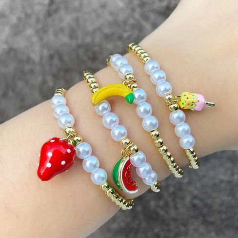 Cute Strawberry Charm Beaded Bracelet Gold Plated Watermelon Banana Fruit Dangling Faux Pearl Bead Ball Strectched Bracelets Fashion Birthday Jewelry Gifts for Women Daughter in Kuwait