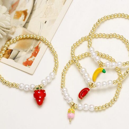 Cute Strawberry Charm Beaded Bracelet Gold Plated Watermelon Banana Fruit Dangling Faux Pearl Bead Ball Strectched Bracelets Fashion Birthday Jewelry Gifts for Women Daughter in Kuwait