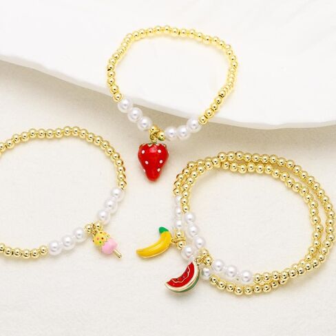 Cute Strawberry Charm Beaded Bracelet Gold Plated Watermelon Banana Fruit Dangling Faux Pearl Bead Ball Strectched Bracelets Fashion Birthday Jewelry Gifts for Women Daughter in Kuwait