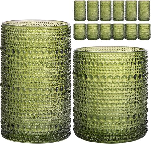 مجموعة أكواب الشرب Hobnail من Moretoes مكونة من 12 قطعة، مجموعة أكواب زجاجية عتيقة، كؤوس Highball 12oz ومجموعة أكواب كوكتيل 10oz، مجموعة هدايا زجاجية لبار المطبخ لعصير الليمون والويسكي والبيرة والعصائر والحليب in Saudi Arabia
