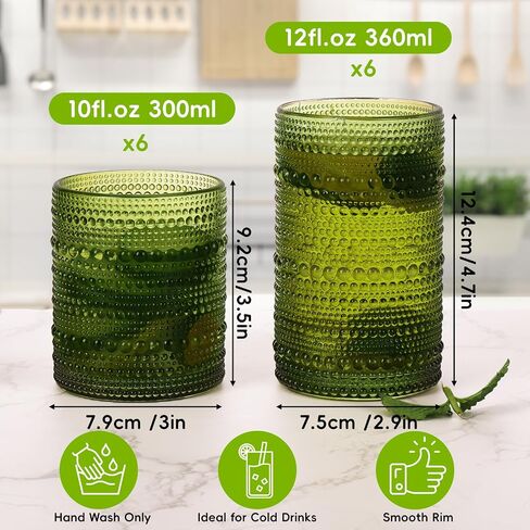 مجموعة أكواب الشرب Hobnail من Moretoes مكونة من 12 قطعة، مجموعة أكواب زجاجية عتيقة، كؤوس Highball 12oz ومجموعة أكواب كوكتيل 10oz، مجموعة هدايا زجاجية لبار المطبخ لعصير الليمون والويسكي والبيرة والعصائر والحليب in Saudi Arabia