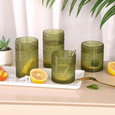 مجموعة أكواب الشرب Hobnail من Moretoes مكونة من 12 قطعة، مجموعة أكواب زجاجية عتيقة، كؤوس Highball 12oz ومجموعة أكواب كوكتيل 10oz، مجموعة هدايا زجاجية لبار المطبخ لعصير الليمون والويسكي والبيرة والعصائر والحليب in Saudi Arabia