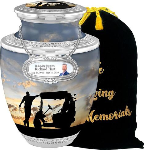 Personalized Medallion Golfing in Heaven Cremation Urns for Adult Ashes Male Female - 200lbs Burial Urns for Human Ashes - Handcrafted Funeral Decorative Urns for Ashes Adult Male with Velvet Bag in Saudi Arabia