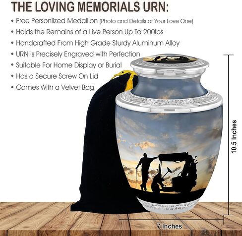 Personalized Medallion Golfing in Heaven Cremation Urns for Adult Ashes Male Female - 200lbs Burial Urns for Human Ashes - Handcrafted Funeral Decorative Urns for Ashes Adult Male with Velvet Bag in Saudi Arabia