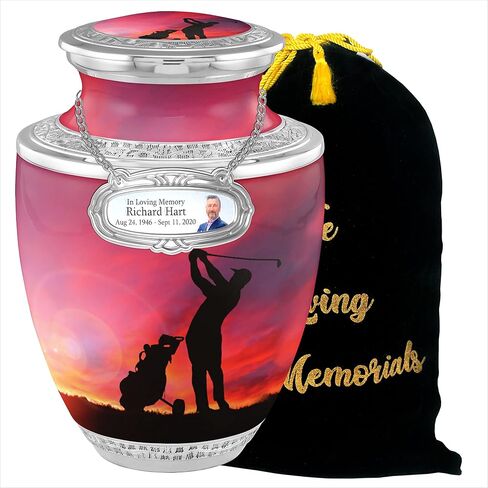 Personalized Medallion Golfing in Heaven Cremation Urns for Adult Ashes Male Female - 200lbs Burial Urns for Human Ashes - Handcrafted Funeral Decorative Urns for Ashes Adult Male with Velvet Bag in Saudi Arabia
