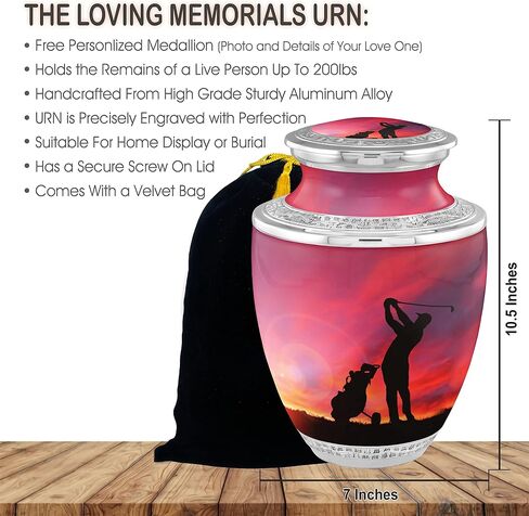 Personalized Medallion Golfing in Heaven Cremation Urns for Adult Ashes Male Female - 200lbs Burial Urns for Human Ashes - Handcrafted Funeral Decorative Urns for Ashes Adult Male with Velvet Bag in Saudi Arabia