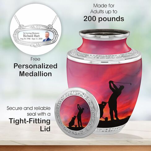 Personalized Medallion Golfing in Heaven Cremation Urns for Adult Ashes Male Female - 200lbs Burial Urns for Human Ashes - Handcrafted Funeral Decorative Urns for Ashes Adult Male with Velvet Bag in Saudi Arabia