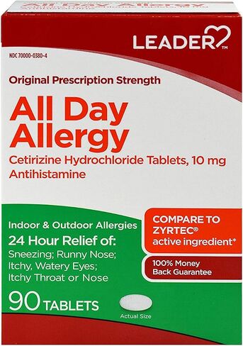 Leader 24 Hour All Day Allergy Relief, Cetirizine HCL Tablets, 10 mg, 90 Count in Saudi Arabia