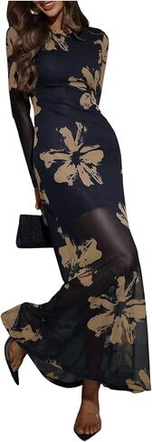 Verdusa Women's Floral Mesh Maxi Dresses Long Sleeve Elegant Formal Wedding Guest Dress Cocktail Fall 2025 in Saudi Arabia