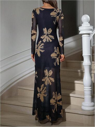 Verdusa Women's Floral Mesh Maxi Dresses Long Sleeve Elegant Formal Wedding Guest Dress Cocktail Fall 2025 in Saudi Arabia