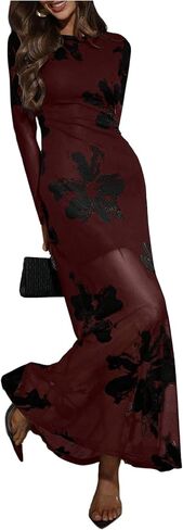 Verdusa Women's Floral Mesh Maxi Dresses Long Sleeve Elegant Formal Wedding Guest Dress Cocktail Fall 2025 in Saudi Arabia