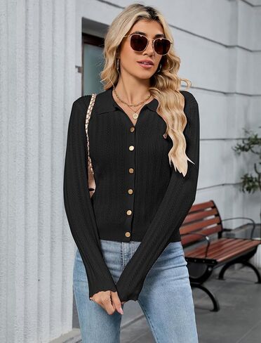 ZAFUL Women's Long Sleeve Cropped Cardigan Sweaters Lightweight 2025 Collared Open Front Button up Crochet Knit Outwear in Saudi Arabia
