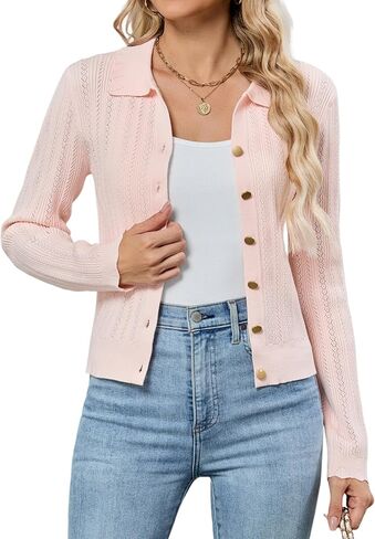 ZAFUL Women's Long Sleeve Cropped Cardigan Sweaters Lightweight 2025 Collared Open Front Button up Crochet Knit Outwear in Saudi Arabia