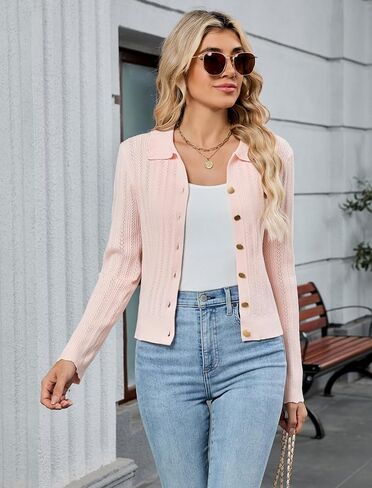 ZAFUL Women's Long Sleeve Cropped Cardigan Sweaters Lightweight 2025 Collared Open Front Button up Crochet Knit Outwear in Saudi Arabia