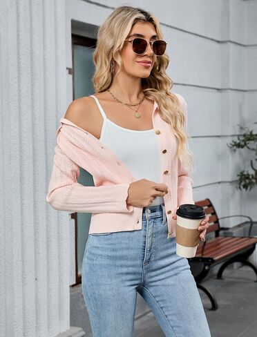 ZAFUL Women's Long Sleeve Cropped Cardigan Sweaters Lightweight 2025 Collared Open Front Button up Crochet Knit Outwear in Saudi Arabia