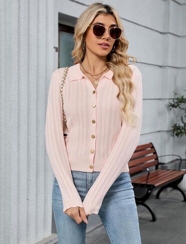 ZAFUL Women's Long Sleeve Cropped Cardigan Sweaters Lightweight 2025 Collared Open Front Button up Crochet Knit Outwear in Saudi Arabia