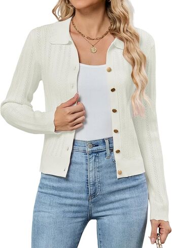 ZAFUL Women's Long Sleeve Cropped Cardigan Sweaters Lightweight 2025 Collared Open Front Button up Crochet Knit Outwear in Saudi Arabia