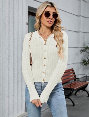 ZAFUL Women's Long Sleeve Cropped Cardigan Sweaters Lightweight 2025 Collared Open Front Button up Crochet Knit Outwear in Saudi Arabia