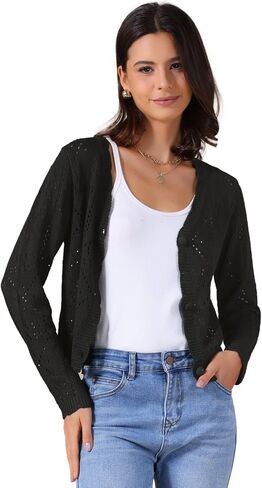 زر Allegra K Long Sleeve Long Women أسفل سترة متماسكة جوفاء خارج العنق. in Saudi Arabia