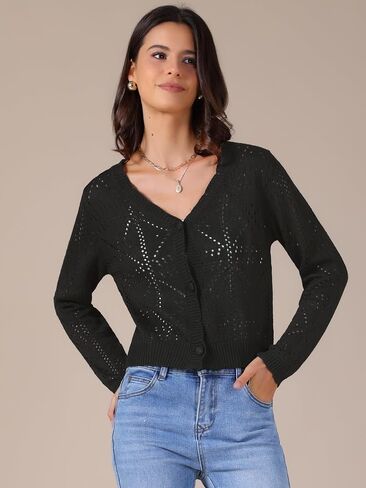 زر Allegra K Long Sleeve Long Women أسفل سترة متماسكة جوفاء خارج العنق. in Saudi Arabia