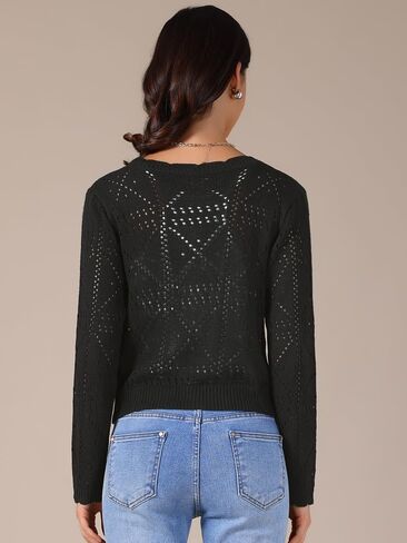 زر Allegra K Long Sleeve Long Women أسفل سترة متماسكة جوفاء خارج العنق. in Saudi Arabia
