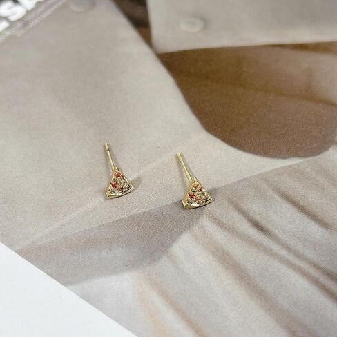 Dainty Pizza Small Stud Earrings for Women 18k Gold Plated Sparkly Red Cubic Zirconia Funny Cute Food Triangle Cheese Lovely Tiny Mini Cartilage Earring Valentine's Day Birthday Jewelry Gifts Daughter BFF in Saudi Arabia