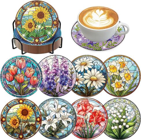 CROSHOM Diamond Art Coasters Kit - 8 قطع زهور أسماء اللوحة الماس ، مجموعات فن الماس DIY للبالغين الوقايات ، ومجموعات الحرف اليدوية المستديرة الماس للمبتدئين للمبتدئين in Kuwait