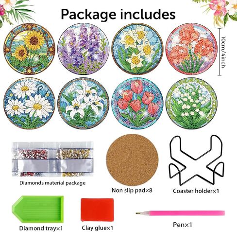 CROSHOM Diamond Art Coasters Kit - 8 قطع زهور أسماء اللوحة الماس ، مجموعات فن الماس DIY للبالغين الوقايات ، ومجموعات الحرف اليدوية المستديرة الماس للمبتدئين للمبتدئين in Kuwait