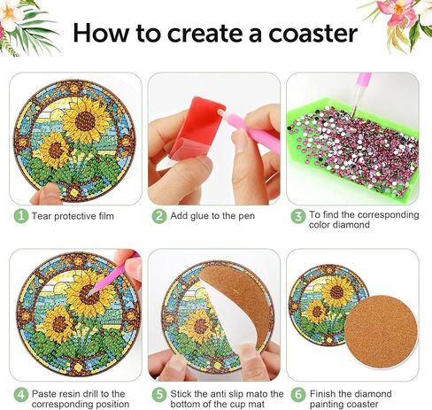 CROSHOM Diamond Art Coasters Kit - 8 قطع زهور أسماء اللوحة الماس ، مجموعات فن الماس DIY للبالغين الوقايات ، ومجموعات الحرف اليدوية المستديرة الماس للمبتدئين للمبتدئين in Kuwait