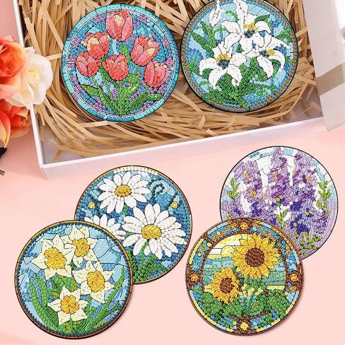 CROSHOM Diamond Art Coasters Kit - 8 قطع زهور أسماء اللوحة الماس ، مجموعات فن الماس DIY للبالغين الوقايات ، ومجموعات الحرف اليدوية المستديرة الماس للمبتدئين للمبتدئين in Kuwait
