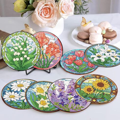 CROSHOM Diamond Art Coasters Kit - 8 قطع زهور أسماء اللوحة الماس ، مجموعات فن الماس DIY للبالغين الوقايات ، ومجموعات الحرف اليدوية المستديرة الماس للمبتدئين للمبتدئين in Kuwait