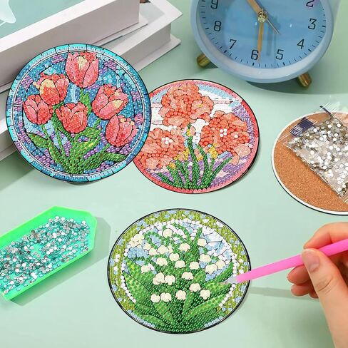 CROSHOM Diamond Art Coasters Kit - 8 قطع زهور أسماء اللوحة الماس ، مجموعات فن الماس DIY للبالغين الوقايات ، ومجموعات الحرف اليدوية المستديرة الماس للمبتدئين للمبتدئين in Kuwait