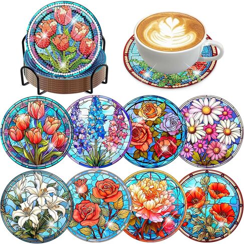 CROSHOM Diamond Art Coasters Kit - 8 قطع زهور أسماء اللوحة الماس ، مجموعات فن الماس DIY للبالغين الوقايات ، ومجموعات الحرف اليدوية المستديرة الماس للمبتدئين للمبتدئين in Kuwait