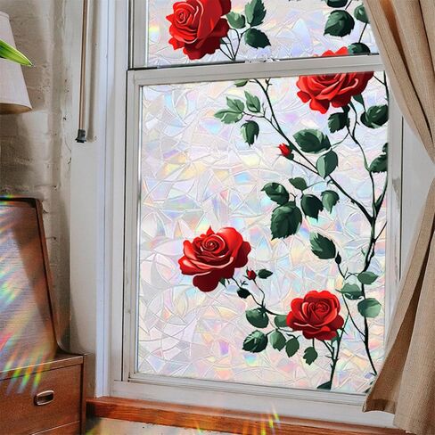 Rose Window Privacy Film Static Cling Sticker Rainbow Window Film Glass Decals with Iridescent Effect Removable Nature Pattern Tint for Home Door Car Windows 17.7" x 43.3" in Kuwait