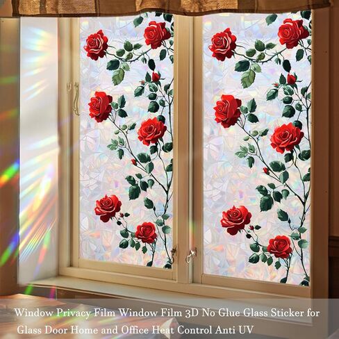 Rose Window Privacy Film Static Cling Sticker Rainbow Window Film Glass Decals with Iridescent Effect Removable Nature Pattern Tint for Home Door Car Windows 17.7" x 43.3" in Kuwait