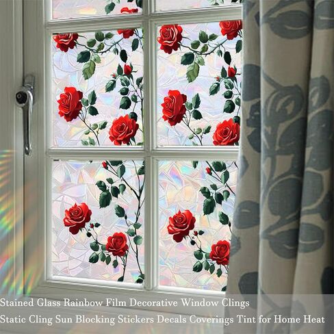 Rose Window Privacy Film Static Cling Sticker Rainbow Window Film Glass Decals with Iridescent Effect Removable Nature Pattern Tint for Home Door Car Windows 17.7" x 43.3" in Kuwait