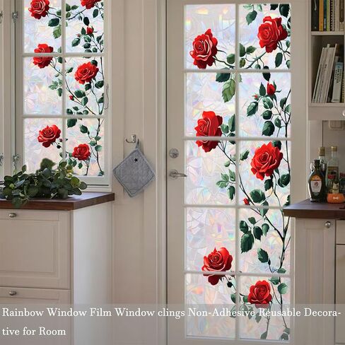 Rose Window Privacy Film Static Cling Sticker Rainbow Window Film Glass Decals with Iridescent Effect Removable Nature Pattern Tint for Home Door Car Windows 17.7" x 43.3" in Kuwait