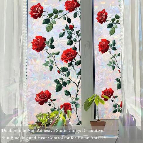 Rose Window Privacy Film Static Cling Sticker Rainbow Window Film Glass Decals with Iridescent Effect Removable Nature Pattern Tint for Home Door Car Windows 17.7" x 43.3" in Kuwait