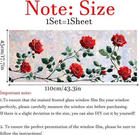 Rose Window Privacy Film Static Cling Sticker Rainbow Window Film Glass Decals with Iridescent Effect Removable Nature Pattern Tint for Home Door Car Windows 17.7" x 43.3" in Kuwait