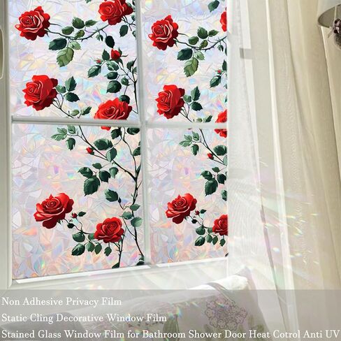 Rose Window Privacy Film Static Cling Sticker Rainbow Window Film Glass Decals with Iridescent Effect Removable Nature Pattern Tint for Home Door Car Windows 17.7" x 43.3" in Kuwait