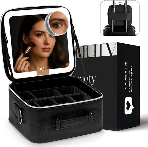 Travel Makeup Bag with LED Mirror, PU Leather Makeup Case - 3 Adjustable Brightness Levels, Lighted Cosmetic Case with Mirror, Dividers - Make Up Portable Storage Organizer with Handle in Saudi Arabia