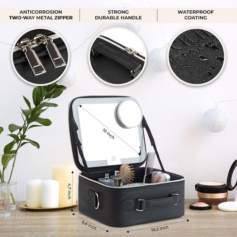 Travel Makeup Bag with LED Mirror, PU Leather Makeup Case - 3 Adjustable Brightness Levels, Lighted Cosmetic Case with Mirror, Dividers - Make Up Portable Storage Organizer with Handle in Saudi Arabia