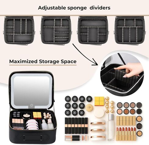 Travel Makeup Bag with LED Mirror, PU Leather Makeup Case - 3 Adjustable Brightness Levels, Lighted Cosmetic Case with Mirror, Dividers - Make Up Portable Storage Organizer with Handle in Saudi Arabia